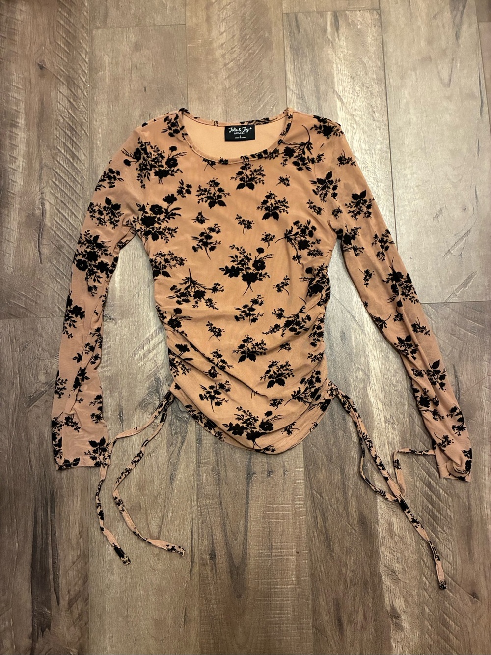 Floral Ruched Tan Long Sleeve Top with Adjustable Ties